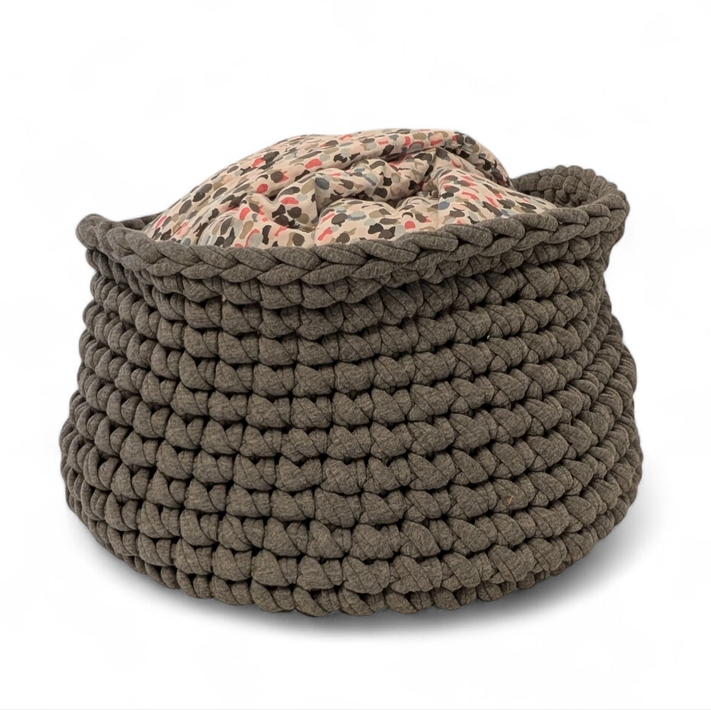 VINTAGE Blanket Basket Restoration Grey Jersey Crochet Collapsible Storage